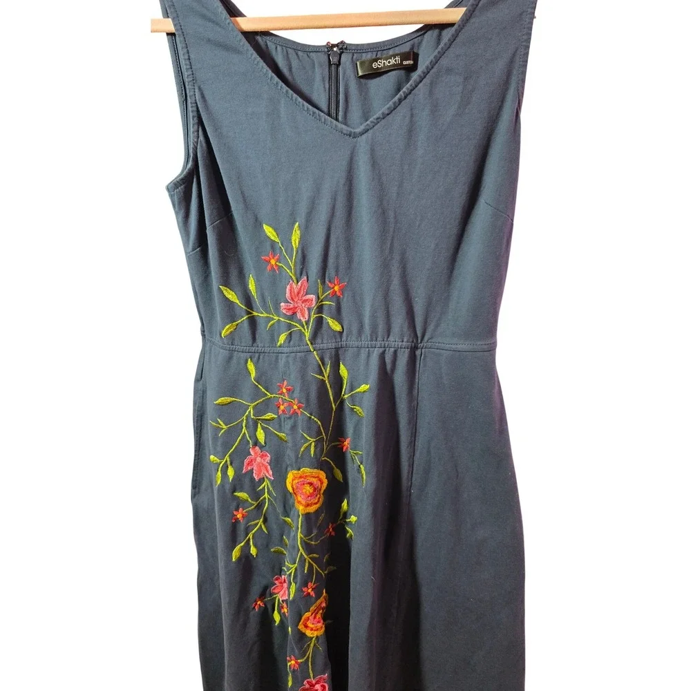 Eshakti Navy Blue Floral Embroidered Fit n Flare Midi Dress Womens Medium Custom - Picture 4 of 10